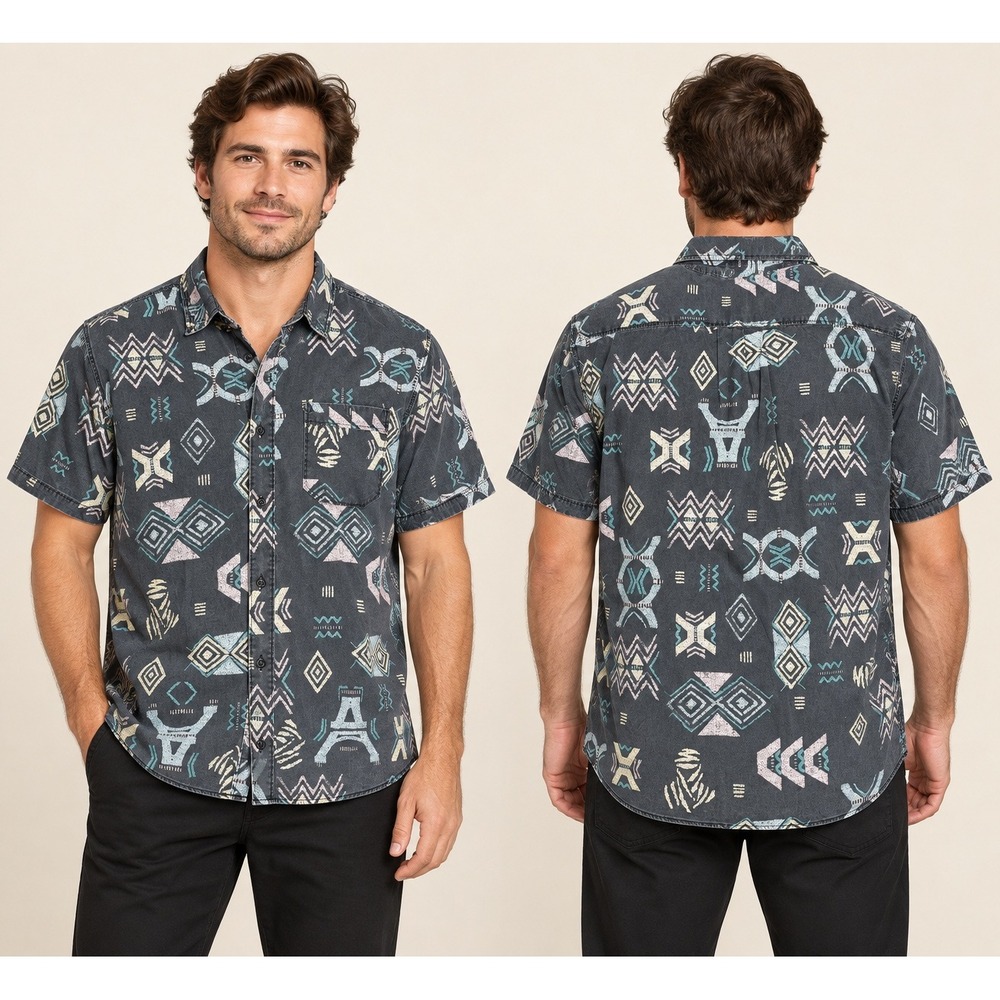Roark Button Up Shirt Mens L Charcoal Gray Geometric Tribal Print Short Sleeve
